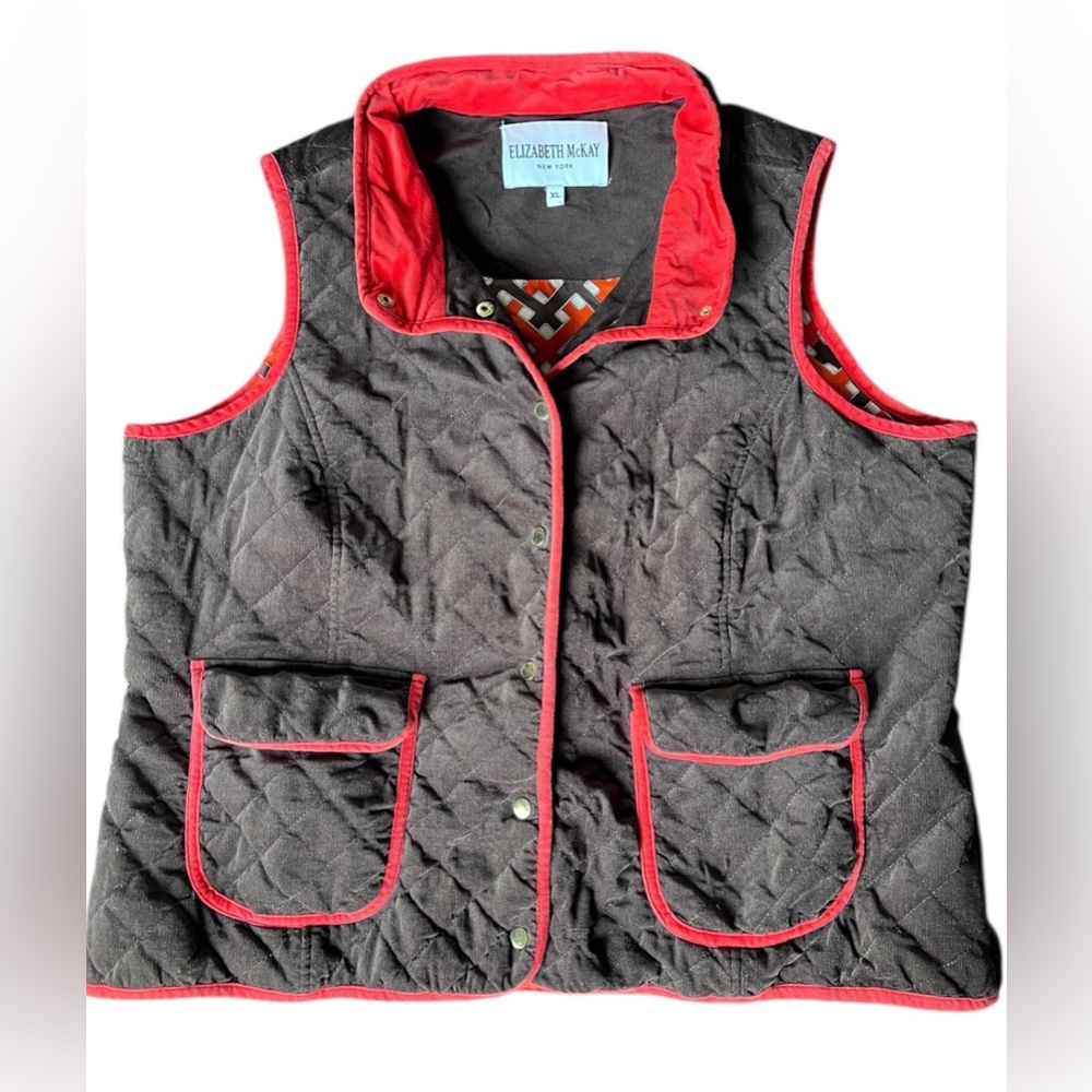 Elizabeth McKay Womens Brown Corduroy Orange Geometric Silk Lined Vest Size XL